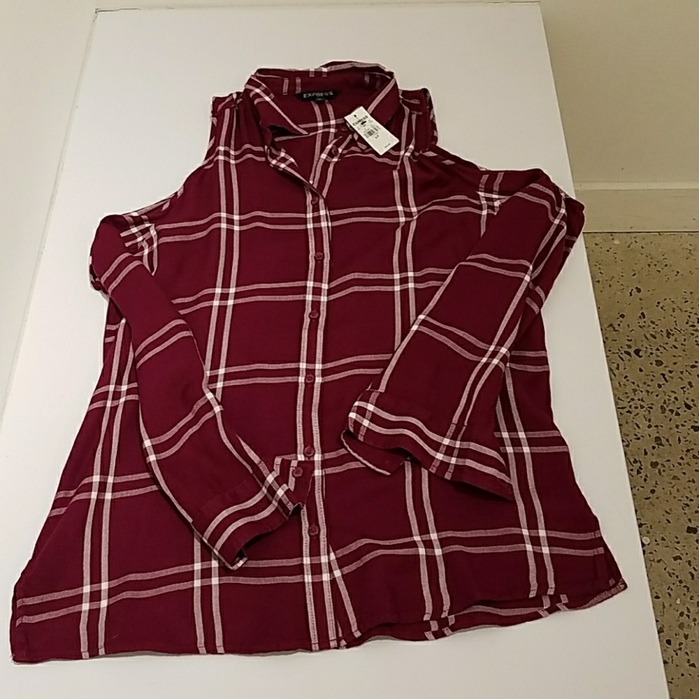 Express cold shoulder plaid ling sleeve shirt